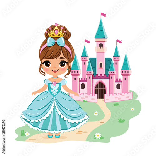 Cute little princess with beautiful eyes and golden crown stands in front of the castle. Poster, Banner, Flyer, Greeting Card. Vector illustration in flat drawn cartoon style