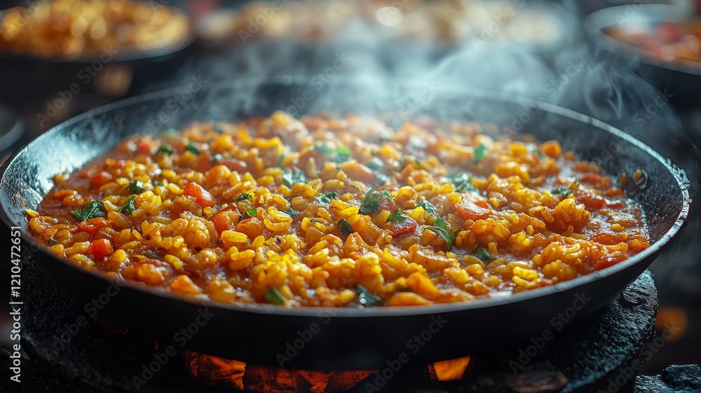 A detailed close-up of hot fried rice in a wok, displaying a variety of colorful vegetables and aromatic herbs, representing the essence of street food culture and gastronomic enjoyment A detailed close-up of hot fried rice in a wok, displaying a variety of colorful vegetables and aromatic herbs, representing the essence of street food culture and gastronomic enjoyment