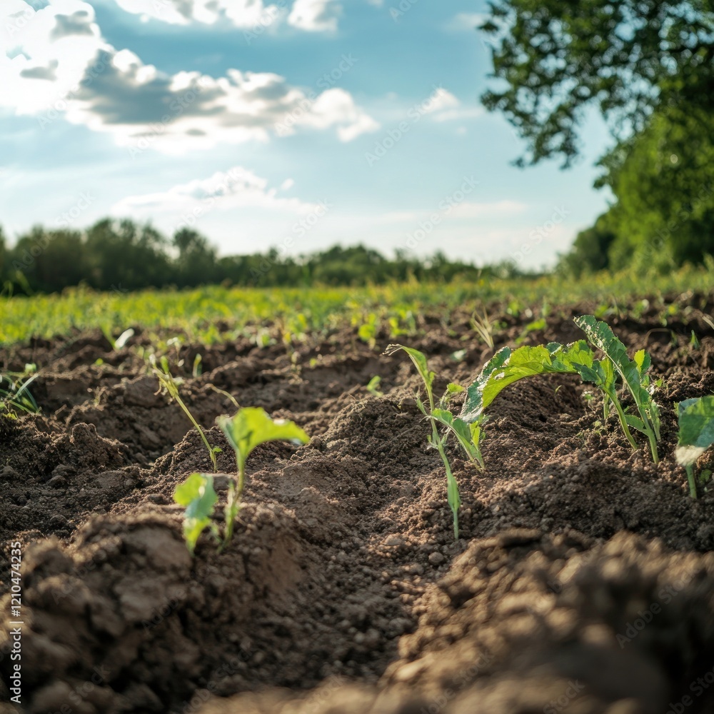 Young plants sprouting from dark soil in a field under a sunny sky. Young plants sprouting from dark soil in a field under a sunny sky.
