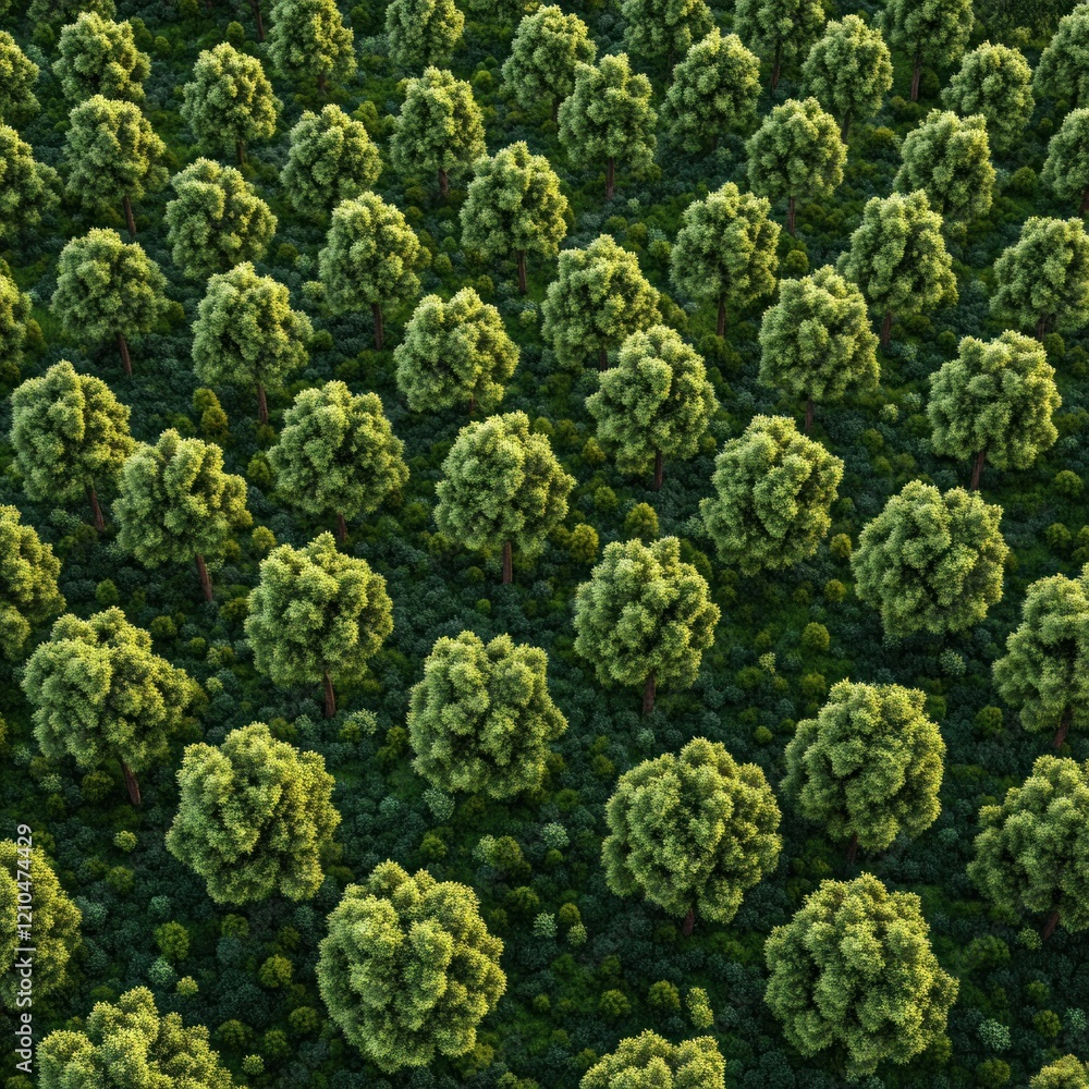 Aerial view of a lush green forest with evenly spaced trees. Aerial view of a lush green forest with evenly spaced trees.