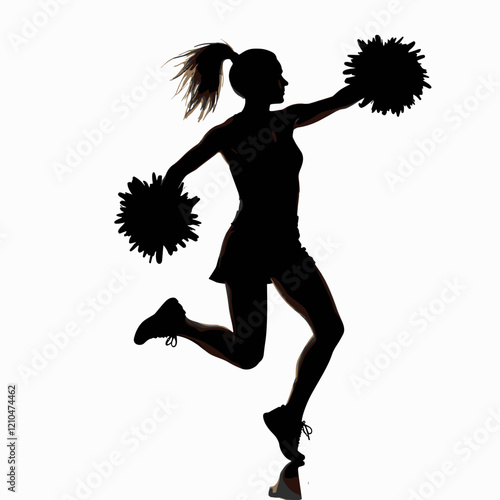 Silhouette of a cheerleader performing a jump with pom-poms
