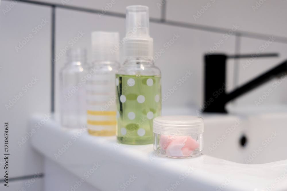Filling a set of mini travel jars with cosmetics and care products in transparent bag Filling a set of mini travel jars with cosmetics and care products in transparent bag