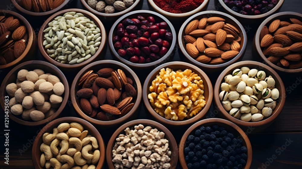 A top view of various nuts and dried fruits arranged in wooden bowls, captured in high definition to highlight the rich textures and vibrant colors of almonds, walnuts, raisins, and figs. A top view of various nuts and dried fruits arranged in wooden bowls, captured in high definition to highlight the rich textures and vibrant colors of almonds, walnuts, raisins, and figs.