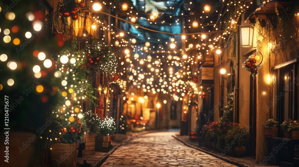 Festive street illuminated by string lights, highly detailed, warm and inviting, vibrant and magical, glowing and beautiful ambiance Festive street illuminated by string lights, highly detailed, warm and inviting, vibrant and magical, glowing and beautiful ambiance