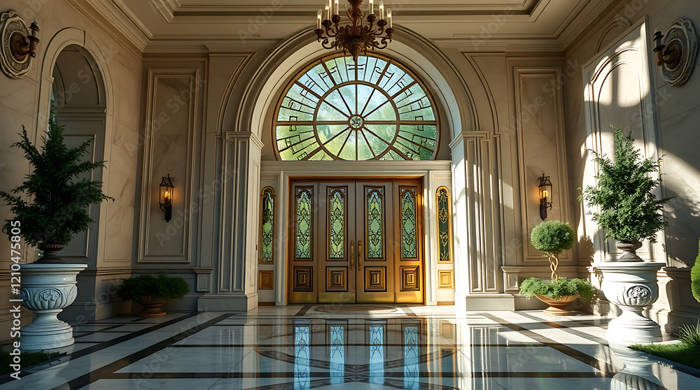 Fototapeta premium Grand Entrance of a Luxurious Mansion: Architectural Design and Elegance
