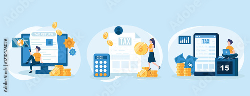 Declaration programs, easy reporting, tax website. Desktop tax filing software, mobile app tax filing software, filing online service metaphors. Vector isolated concept metaphor collection of scenes.