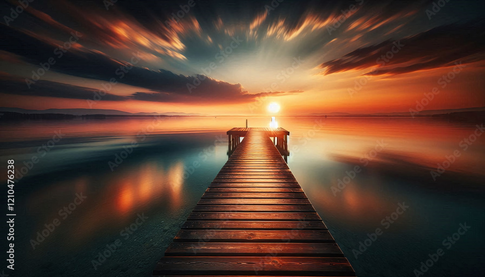 Golden Sunset Reflections on a Serene Lake Dock