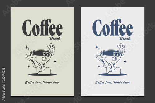 retro poster or wall art decor with a cartoon coffee cup mascot, vector illustration
