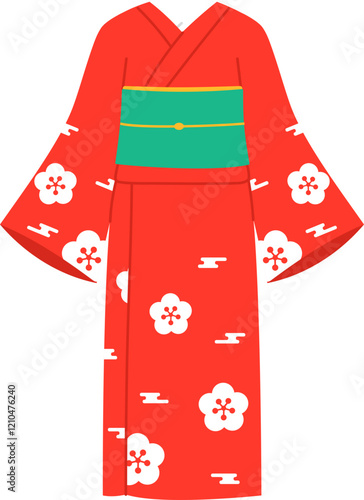 traditional red kimono with cherry blossom pattern illustration