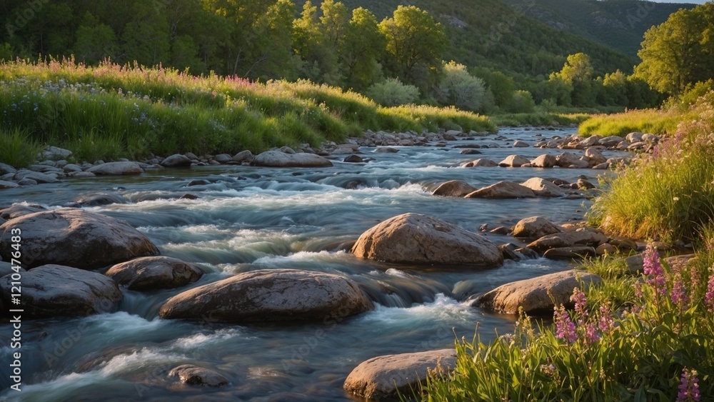 Fototapeta premium Photorealistic, wide river with crystal clear water flowing over smooth rocks, surrounded by wild flowers and fresh greenery, soft golden hour light