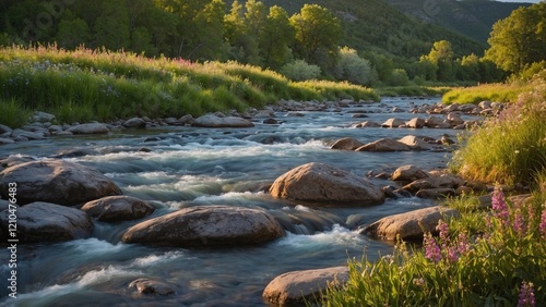 Photorealistic, wide river with crystal clear water flowing over smooth rocks, surrounded by wild flowers and fresh greenery, soft golden hour light photo