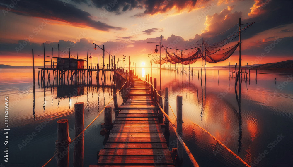 Serene Sunset at a Rustic Fishing Pier