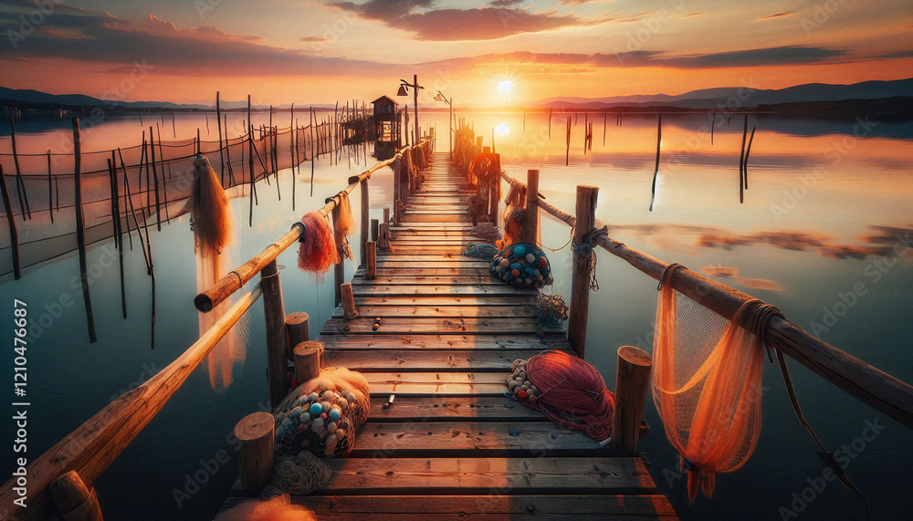 Serene Sunset at a Rustic Fishing Pier