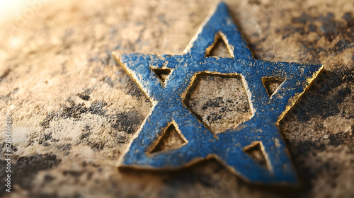 Antique Blue Star of David on Rustic Stone Background Symbolizing Jewish Heritage : Generative AI photo