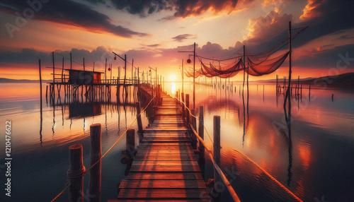 Obraz na płótnie Serene Sunset at a Rustic Fishing Pier w salonie