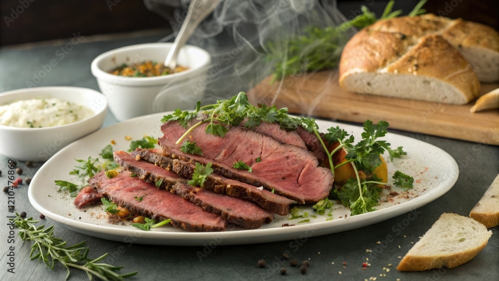 A steaming hot pastrami platter garnished with fresh herbs and served on a white plate, meat, herbs, pastrami platter, serving dish A steaming hot pastrami platter garnished with fresh herbs and served on a white plate, meat, herbs, pastrami platter, serving dish