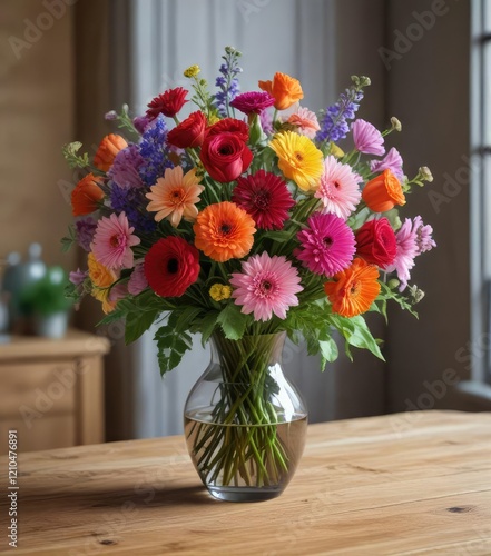 Wallpaper Mural A still life of a vase filled with fresh cut flowers on a wooden table, stems, flowers, buckets Torontodigital.ca