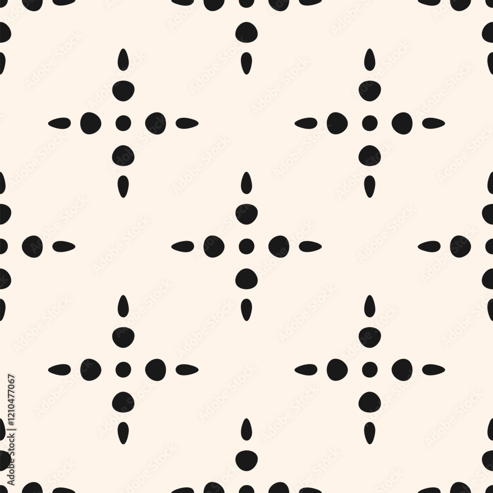 Simple minimal seamless pattern. Abstract floral geometric texture with dots, flower silhouettes, stars. Black and white ornament. Vector minimalist background. Repeated design for decor, textile Simple minimal seamless pattern. Abstract floral geometric texture with dots, flower silhouettes, stars. Black and white ornament. Vector minimalist background. Repeated design for decor, textile