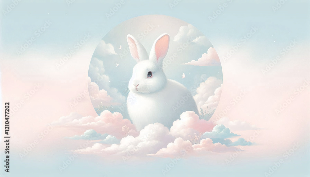 Adorable Rabbit Among Soft Clouds with Pastel Hues