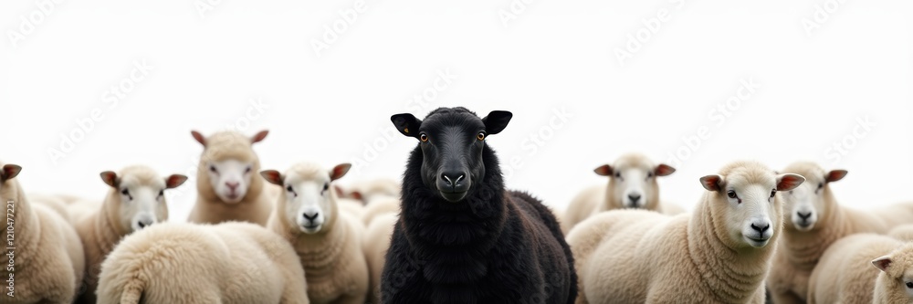 A striking image of a black sheep standing out among a group of white sheep, symbolizing individuality and uniqueness in a crowd. A striking image of a black sheep standing out among a group of white sheep, symbolizing individuality and uniqueness in a crowd.