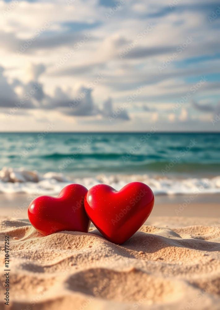 Two red hearts on the beach symbolizing love and romance for valentine's day celebration love love heart valentine vector romantic day holiday Two red hearts on the beach symbolizing love and romance for valentine's day celebration love love heart valentine vector romantic day holiday