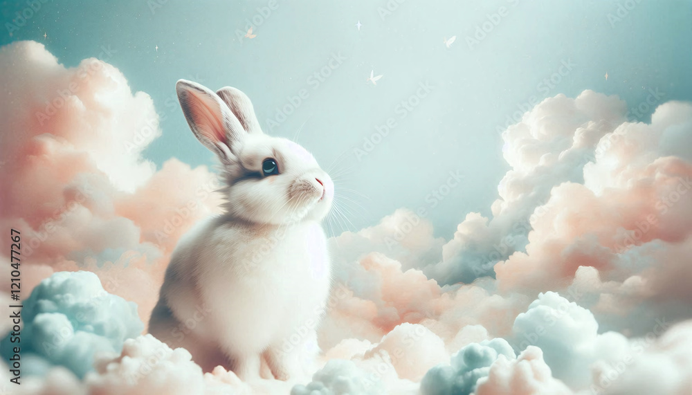 Adorable Rabbit Among Soft Clouds with Pastel Hues