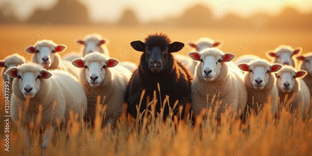 Fototapeta premium A striking scene of a black sheep standing among a flock of white sheep in a sunlit field, symbolizing individuality and contrast in nature.
