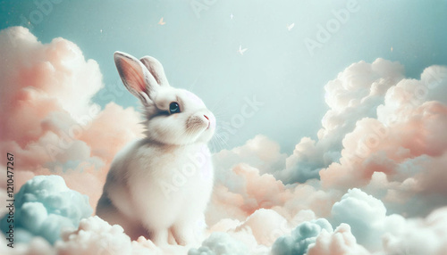 Adorable Rabbit Among Soft Clouds with Pastel Hues