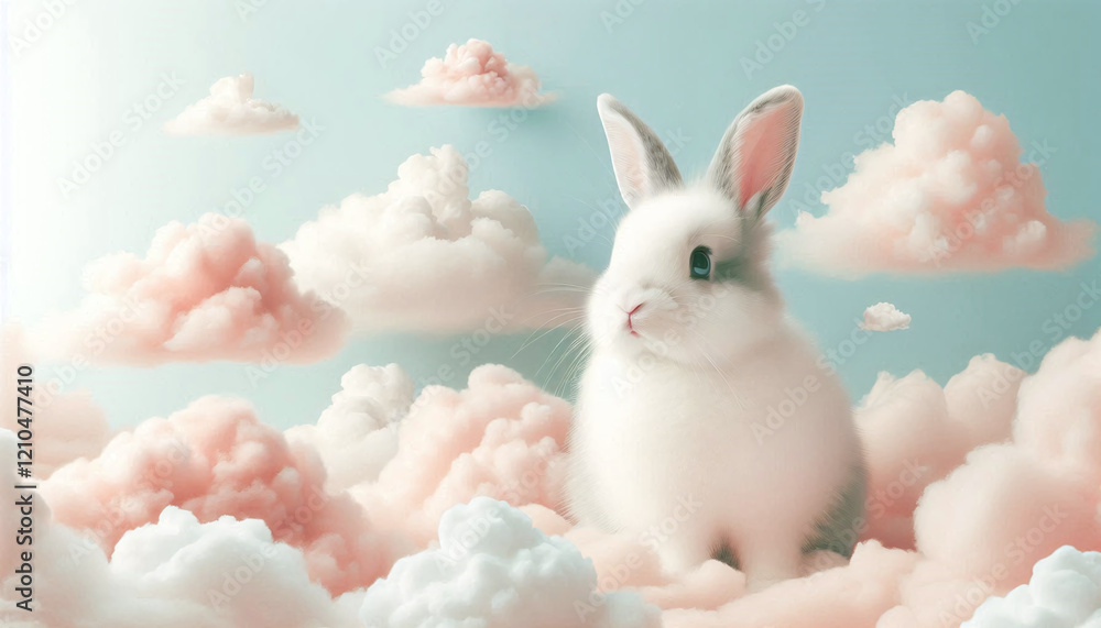 Cute White Rabbit Sitting on Fluffy Clouds