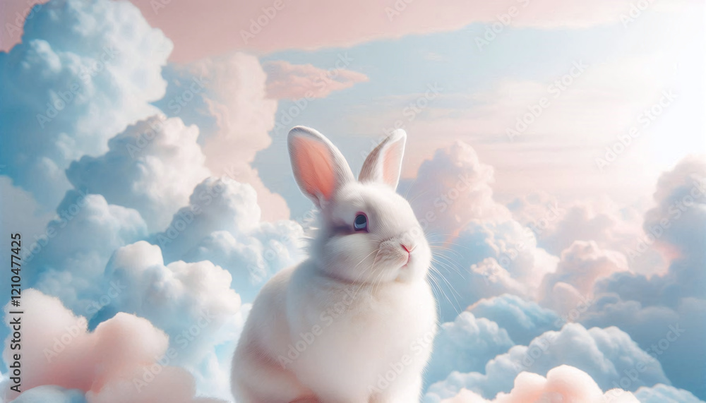 Cute White Rabbit Sitting on Fluffy Clouds