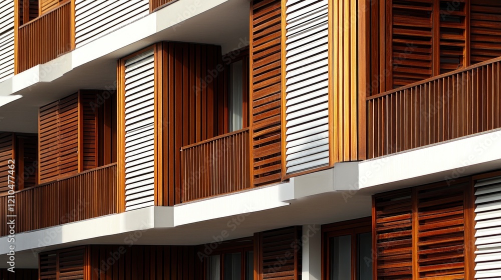 Fototapeta premium Modern apartment building facade, wood shutters, balconies, sunlight, architectural design