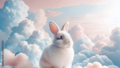Obraz na płótnie Cute White Rabbit Sitting on Fluffy Clouds w salonie