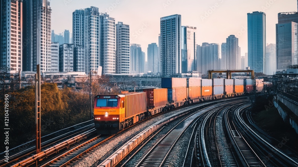 A train carrying cargo containers through a city, with urban skyscrapers in the background, showing the integration of rail transport in city logistics A train carrying cargo containers through a city, with urban skyscrapers in the background, showing the integration of rail transport in city logistics