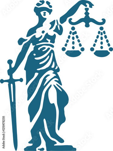 Blindfolded Lady Justice Holding Sword and Scales in Blue Silhouette Art