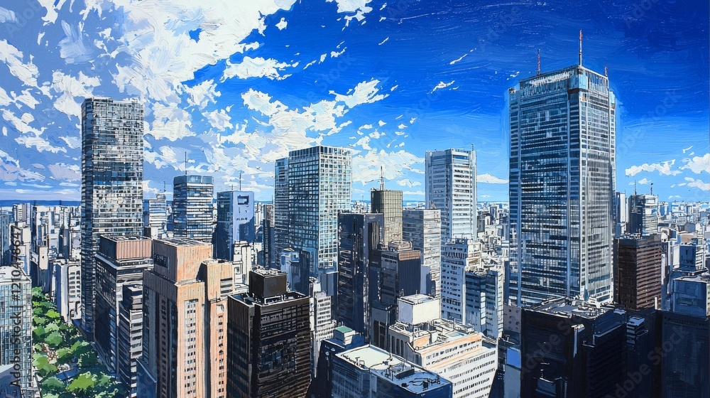 Obraz premium Depict the cityscape of Tokyo under a bright blue sky