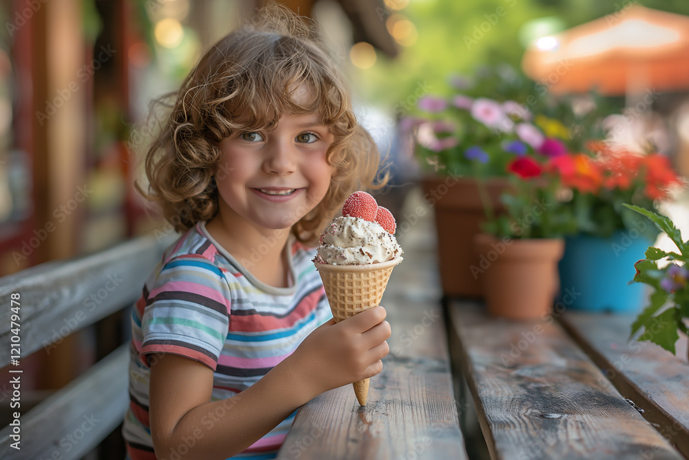 A young girl is holding an ice cream cone with a pink cherry on top A young girl is holding an ice cream cone with a pink cherry on top