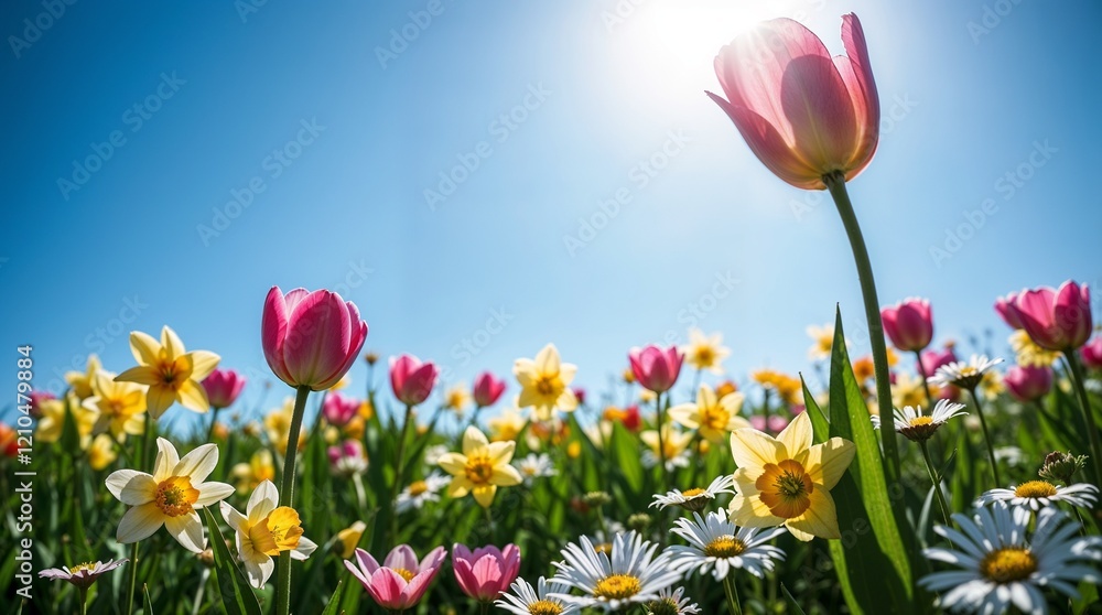 Cheerful Spring Garden with Pink Tulips and Mixed Flowers Under Blue Sky
Cheerful Spring Garden with Pink Tulips and Mixed Flowers Under Blue Sky