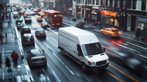 A delivery van driving through a busy urban street, navigating traffic to deliver packages on time, showcasing the challenges of logistics in cities