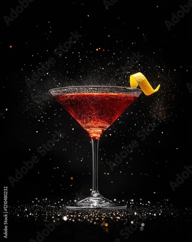 Cocktail photography: A coupe glass filled with bright red liquid, set against a black background.
 photo