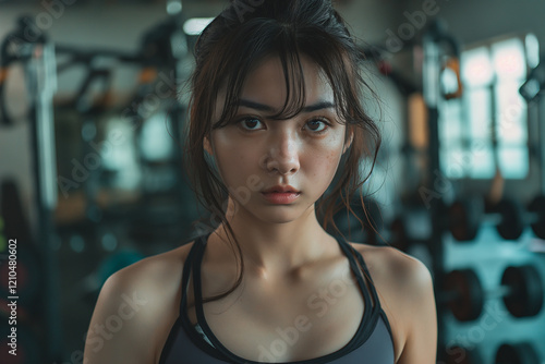 A woman with a ponytail and a black tank top is standing in a gym Free Download A woman with a ponytail and a black tank top is standing in a gym - GFXLoad