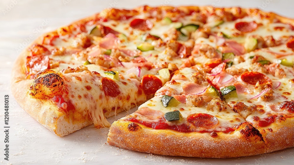 Delicious meat and veggie pizza, sliced, close-up shot, for food blogs Delicious meat and veggie pizza, sliced, close-up shot, for food blogs