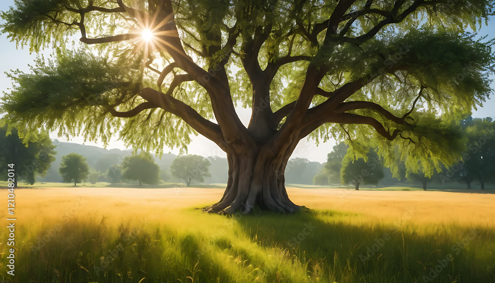 Obraz premium Tranquil Meadow with Sunlit Tree and Golden Wildflowers at Sunrise