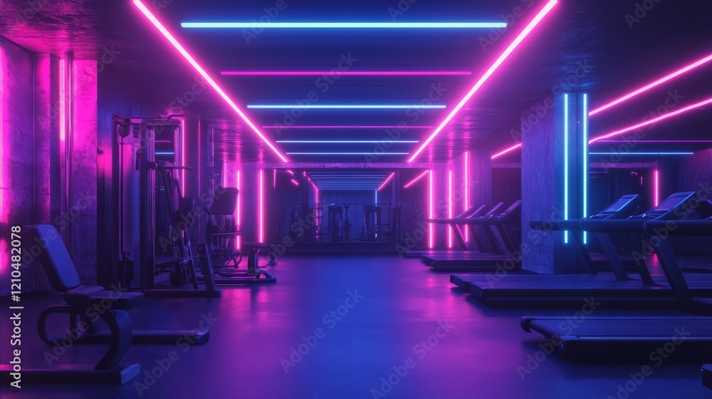 Fototapeta premium fitness, night background, gym lit by neon lights, vibrant and energetic, cool and sleek atmosphere.