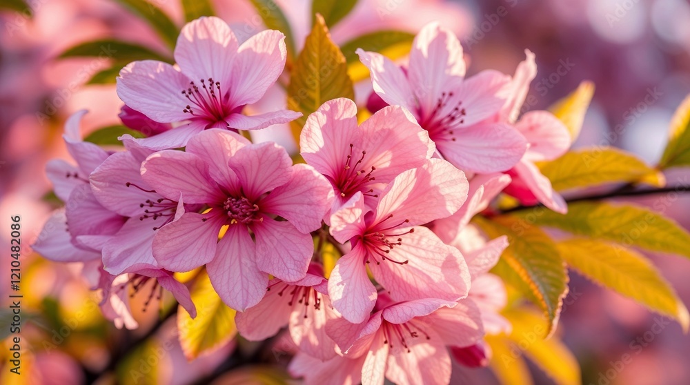 Obraz premium Luminous Pink Cherry Blossoms with Delicate Stamens in Soft Morning Light with Bokeh Effect 