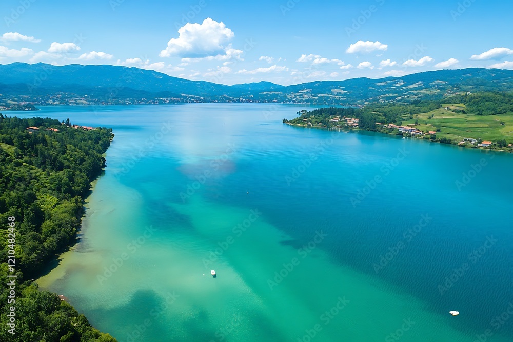 Top aerial view landscape of clear lake named Sermo lake on a bright day Top aerial view landscape of clear lake named Sermo lake on a bright day