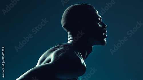 fitness, side view, black solid background, dramatic and high contrast, athlete silhouette glowing softly.