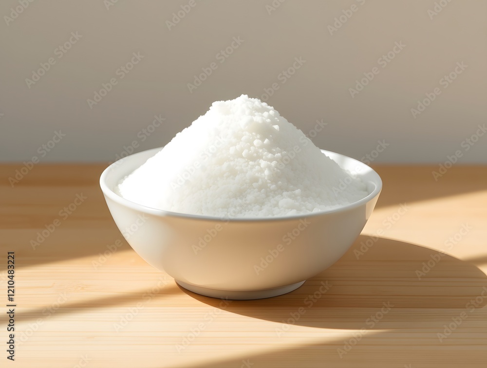 White Bowl of Granulated Sugar on Wooden Table White Bowl of Granulated Sugar on Wooden Table