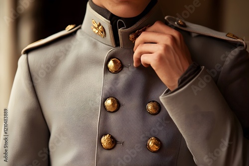 Elegant Gray Military Style Uniform Jacket with Gold Buttons and Insignia Close up Detail photo