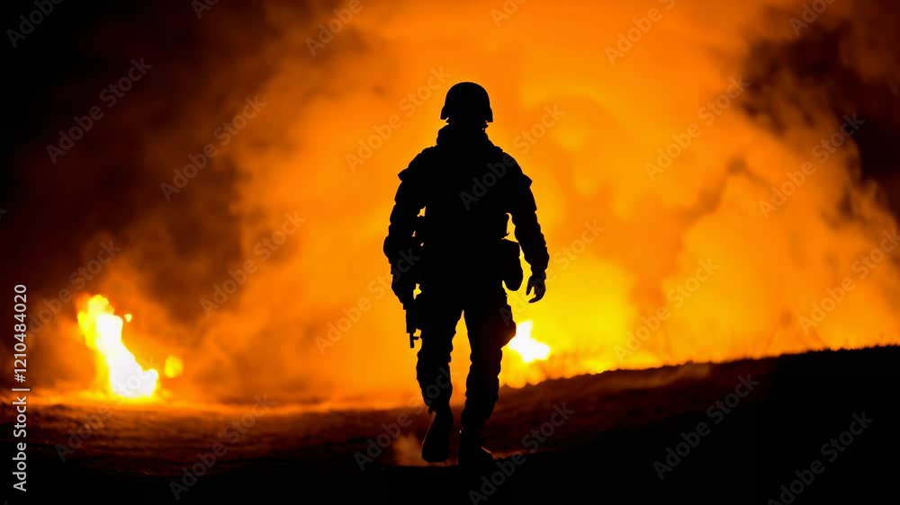 Silhouettes of Soldiers Against Explosive Fire on the battlefield Silhouettes of Soldiers Against Explosive Fire on the battlefield