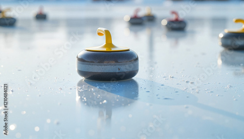 Curling stone gliding on smooth ice sheet toward target, winter sport photo